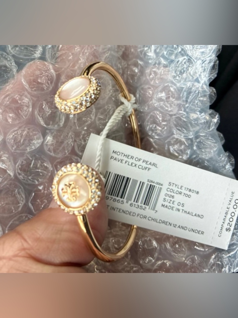 Tory Burch Gold-Tone Mother of Pearl Pavé Open Cuff Bracelet
